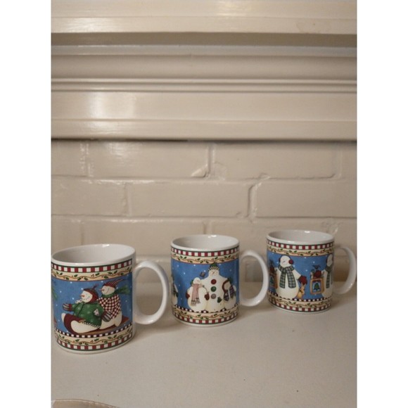 Jolly Snowmen Mugs Debbie Mumm Sakura  2000 Set Of 4 - Picture 1 of 13